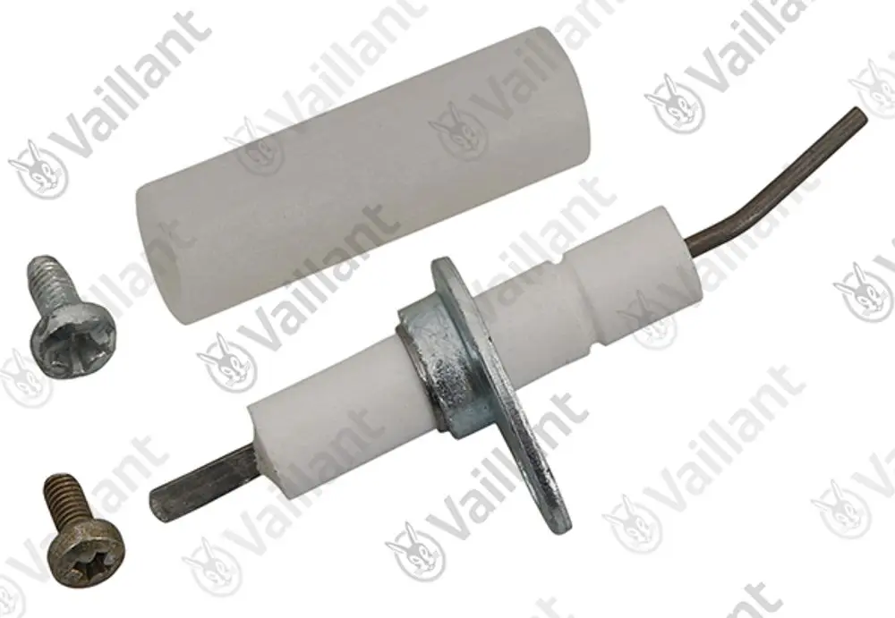 Vaillant Zündelektrode mit gebogenem Ende und zwei Schrauben. Die Elektrode hat eine metallische Halterung und einen Keramikkörper.